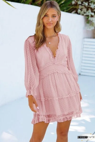 Swiss Dot Frill V-Neck Mini Dress