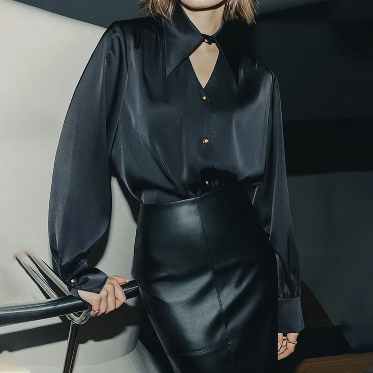 Elegant Bow Tie Neckline Cut Out Long Sleeve Satin Blouse