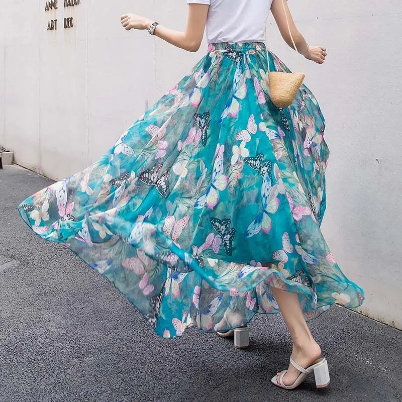 Women Skirts 2019 Summer Mesh Flower Print Elastic Waist Bohemian A-Line Sweet Chiffon Long Female Bottoms Ladies Casual Skirt