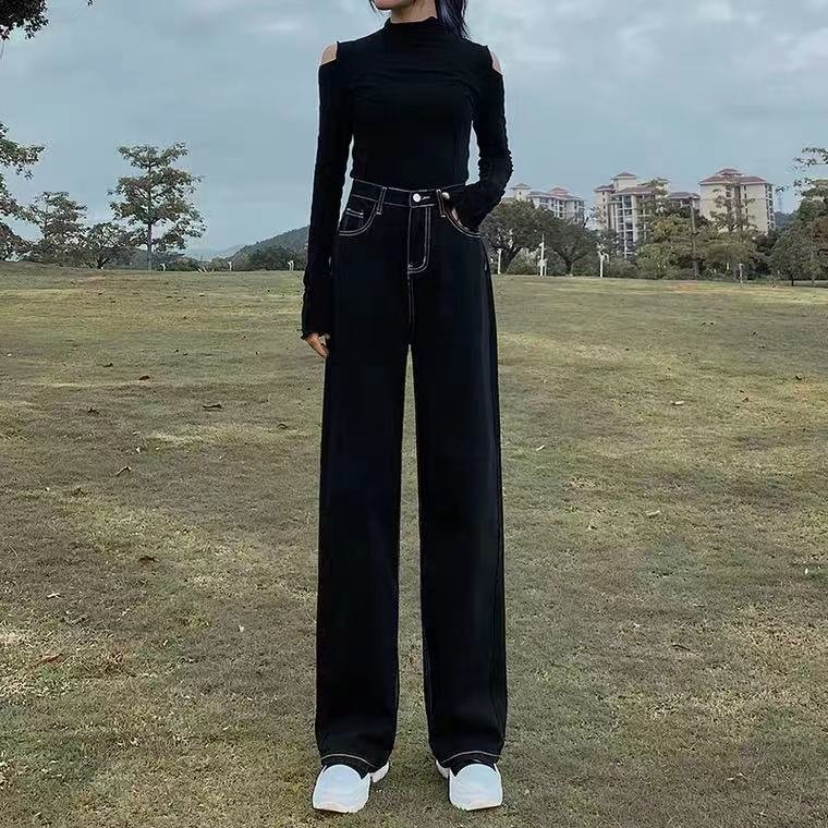 Jeans Women Thread Plus Size S-5XL Vintage Wide-leg All-match Version Harajuku High-waist Trousers Chic Ulzzang Female Students