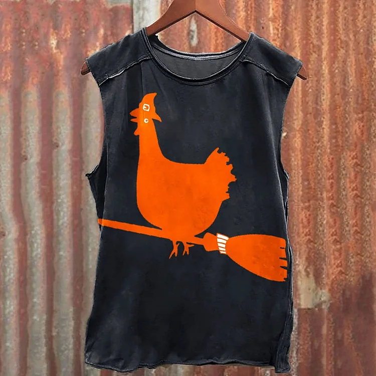 Comstylish Unisex Vintage Funny Halloween Chicken Witch Print Tank Top