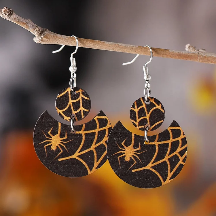 Women's Halloween Spider Wood Earrings