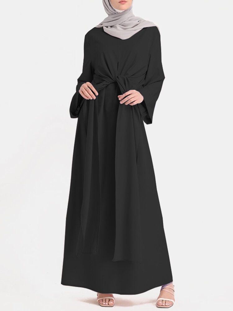Solid Color Knotted Long Sleeve Maxi Muslim Dress - Shop Trendy Women's Clothing | LoverChic