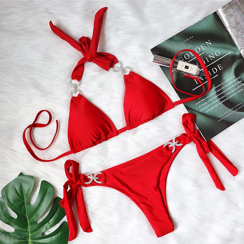 Brownm Brownm New Swimsuit Sexy Crystal Diamond Solid Color Strap Bikini Beach Vacation Swimsuit Woman