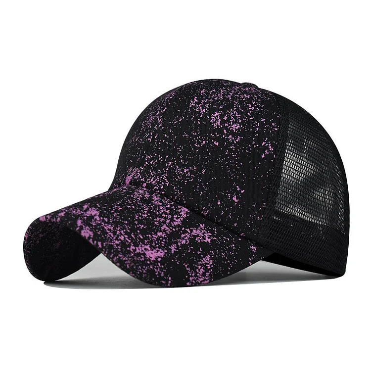 Women Color PrintingBreathable Ponytail Baseball Cap Casual Summer Snapback Hat Purple trend Satin Mesh hat
