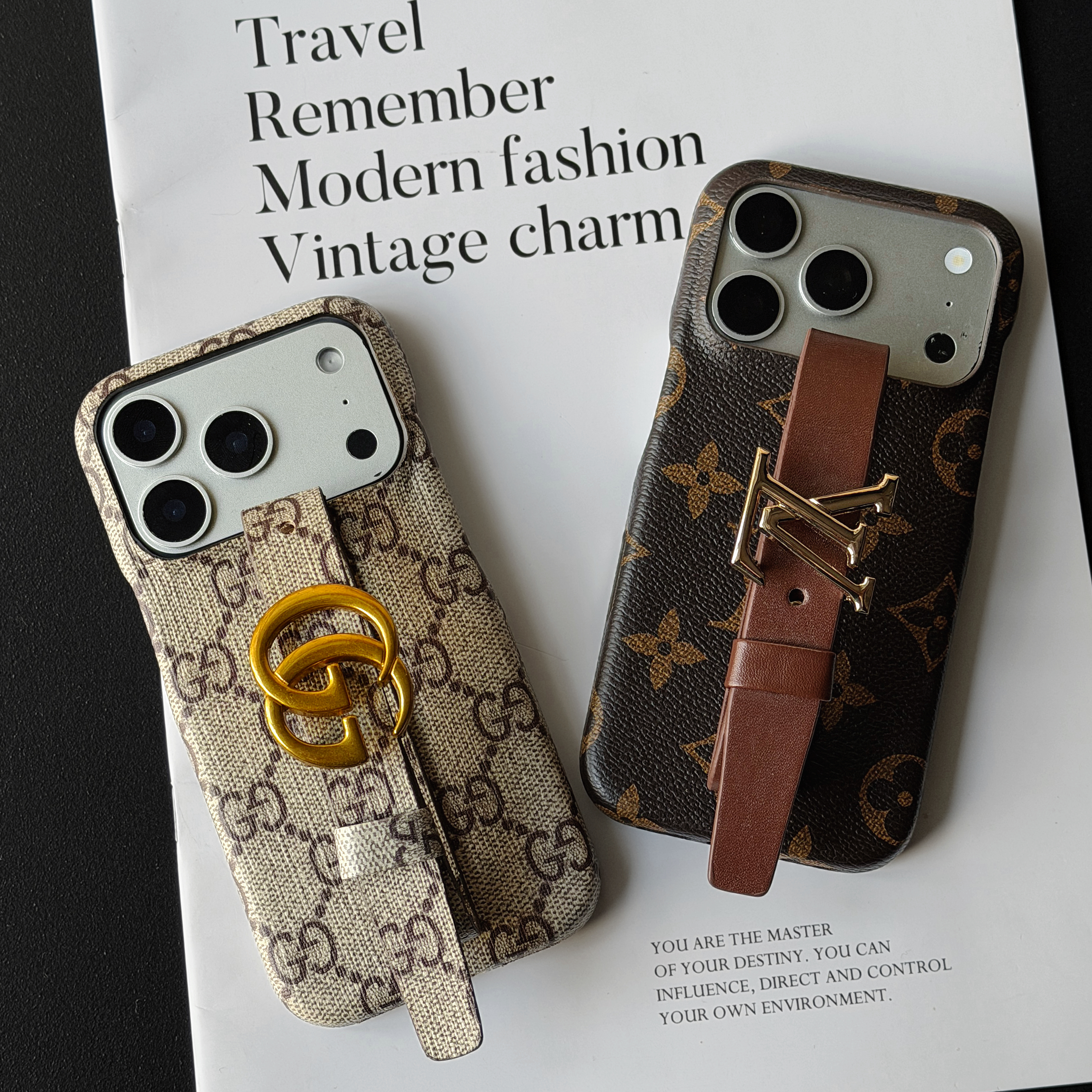 Fashion LV Gucci Style Leather iPhone Case with Gold Buckle Hand Strap - Luxury Aesthetic Phone Shell