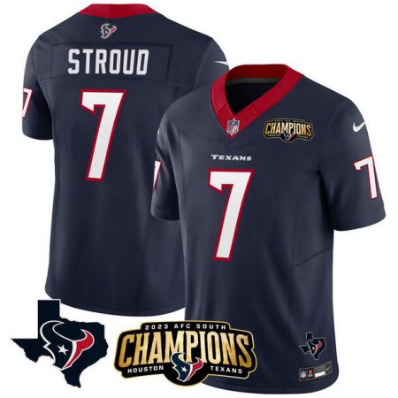 Men's Houston Texans #7 C.J. Stroud Navy 2023 F.U.S.E. AFC South Champions Patch And Team Logo Patch Vapor Untouchable Limited Stitched Football Jersey 2KE2