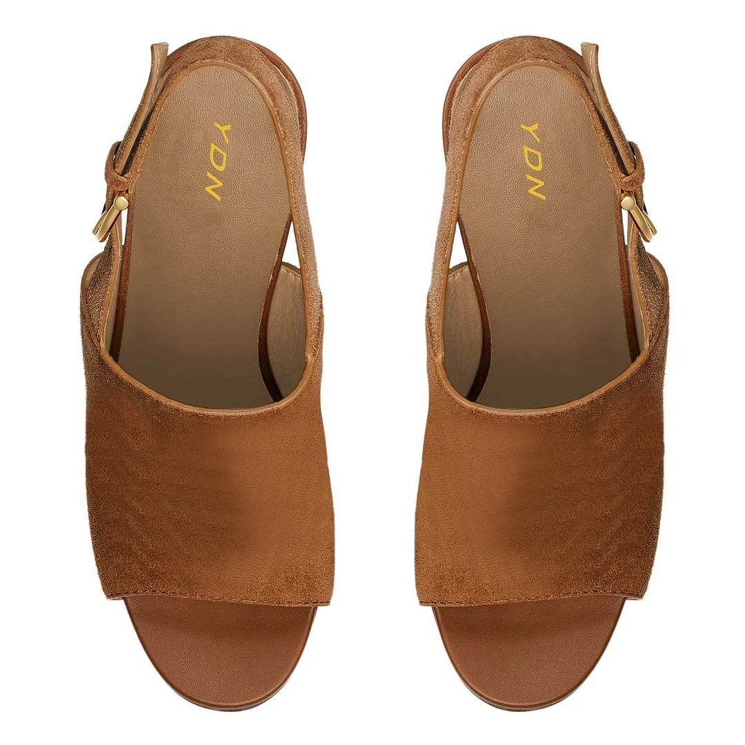 Vegan Suede Chunky High Heel Buckle Platform Women's Sandals in Brown