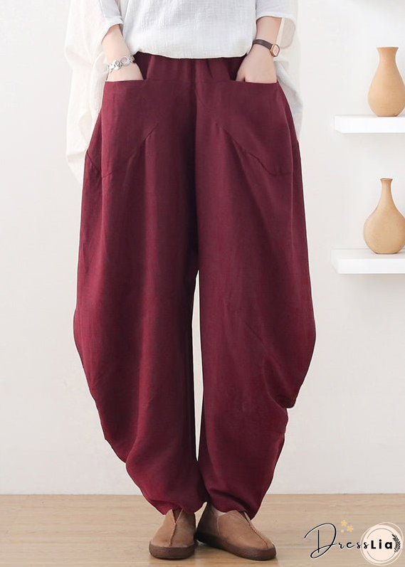 Plus Size Wine Red Pockets Wide Leg Pants Fall