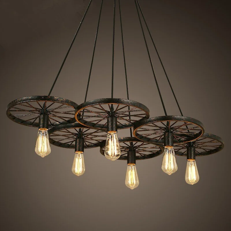 American country  industrial style pendant lamp clothing store bar counter wrought iron wheel creative pendant lights