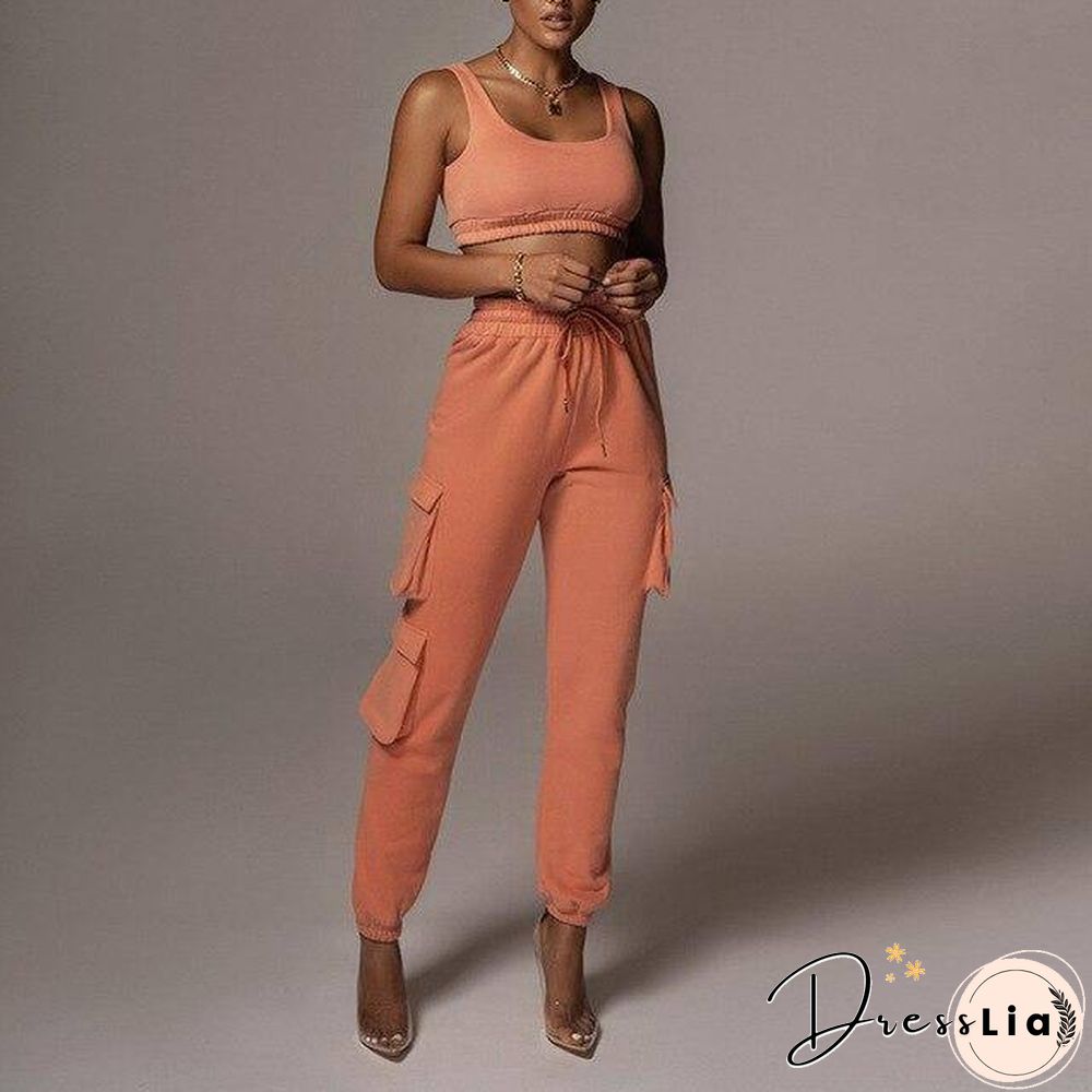 2 Piece Women Sports Casual Set Sweatshirt Crop Tops Pocket Sweatpants Baggy Pants Tracksuit Streetwear Joggers Summer Outfits