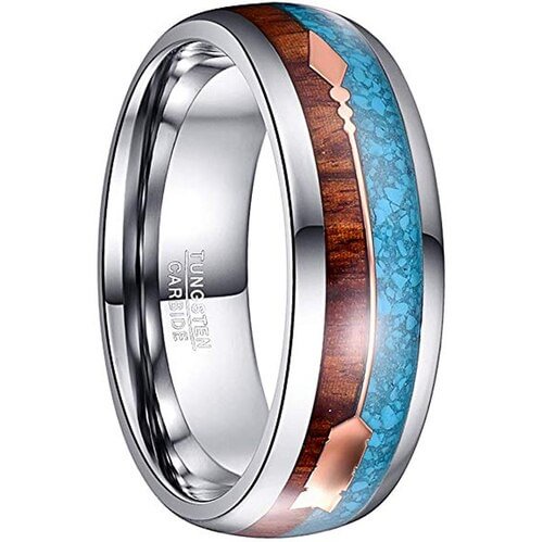Women's Or Men's Tungsten Carbide Wedding Band Rings,Silver Tone Band with Cupid's Arrow over Wood and Blue Turquoise Inlay,Tungsten Carbide Domed Top Ring With Mens And Womens Rings For 4MM 6MM 8MM 10MM