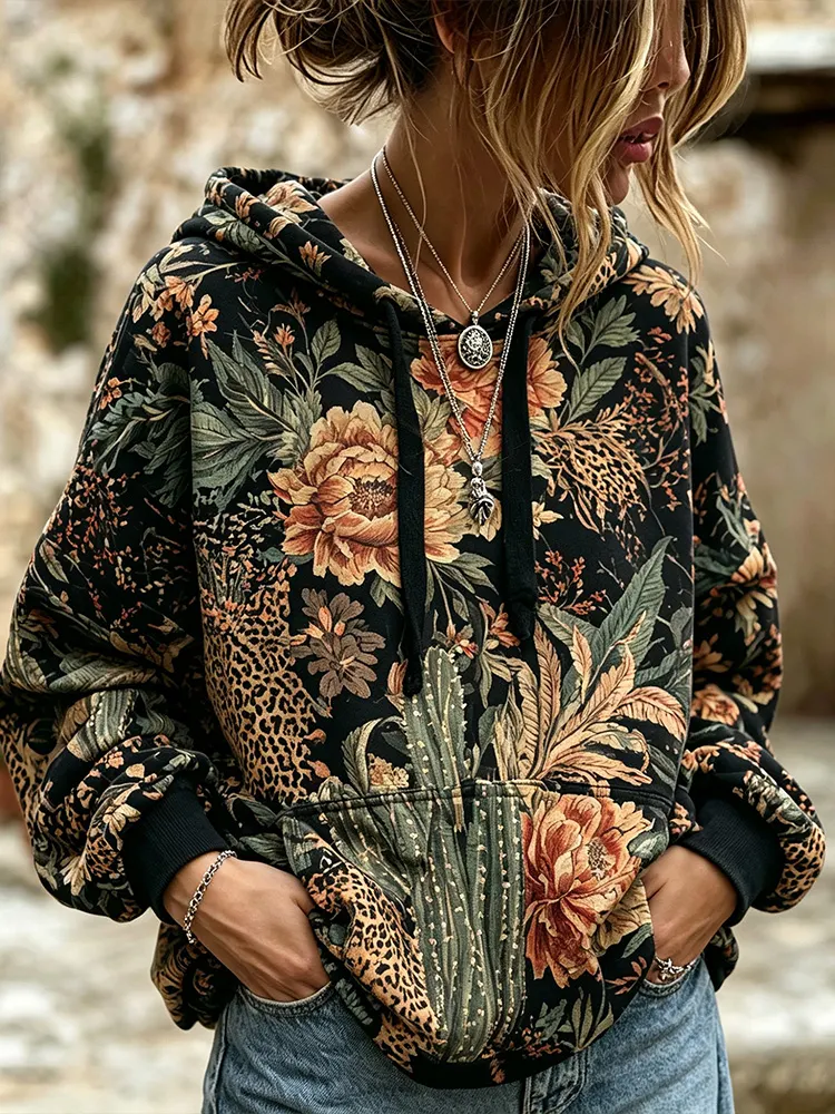 Vintage Western Boho Dark Floral Leopard Cactus Print Hoodie