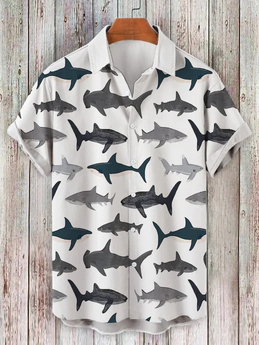 Men's Shark School Print Turndown Collar Short Sleeve Shirt