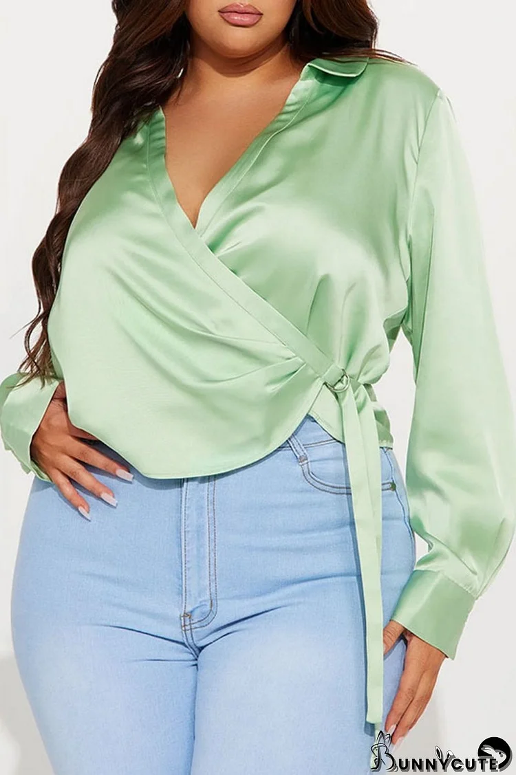 Green Casual Solid Frenulum V Neck Plus Size Tops