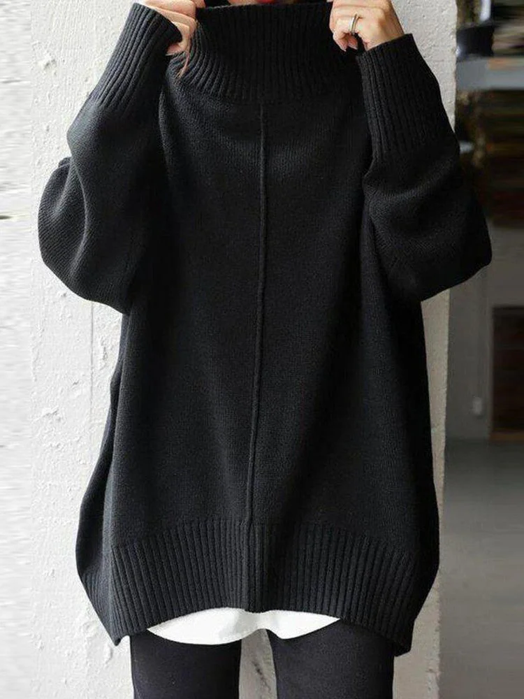 Black Plain High Neck Long Sleeve Sweater