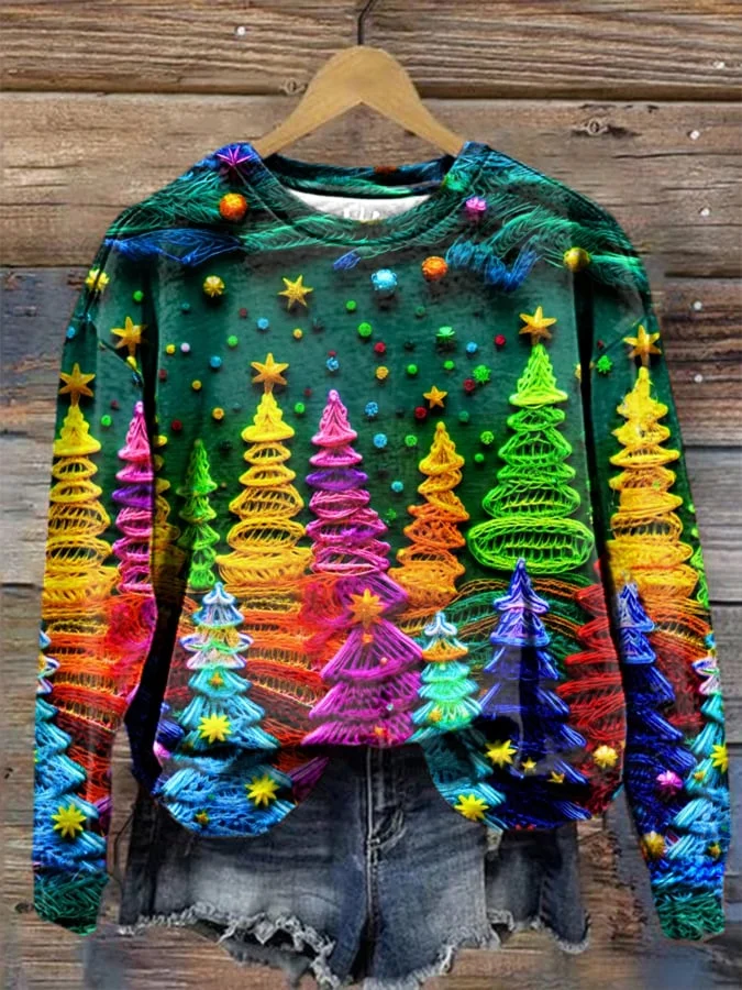 Combustiou Women's Christmas Colorful Christmas Tree Printed Casual Sweatshirt