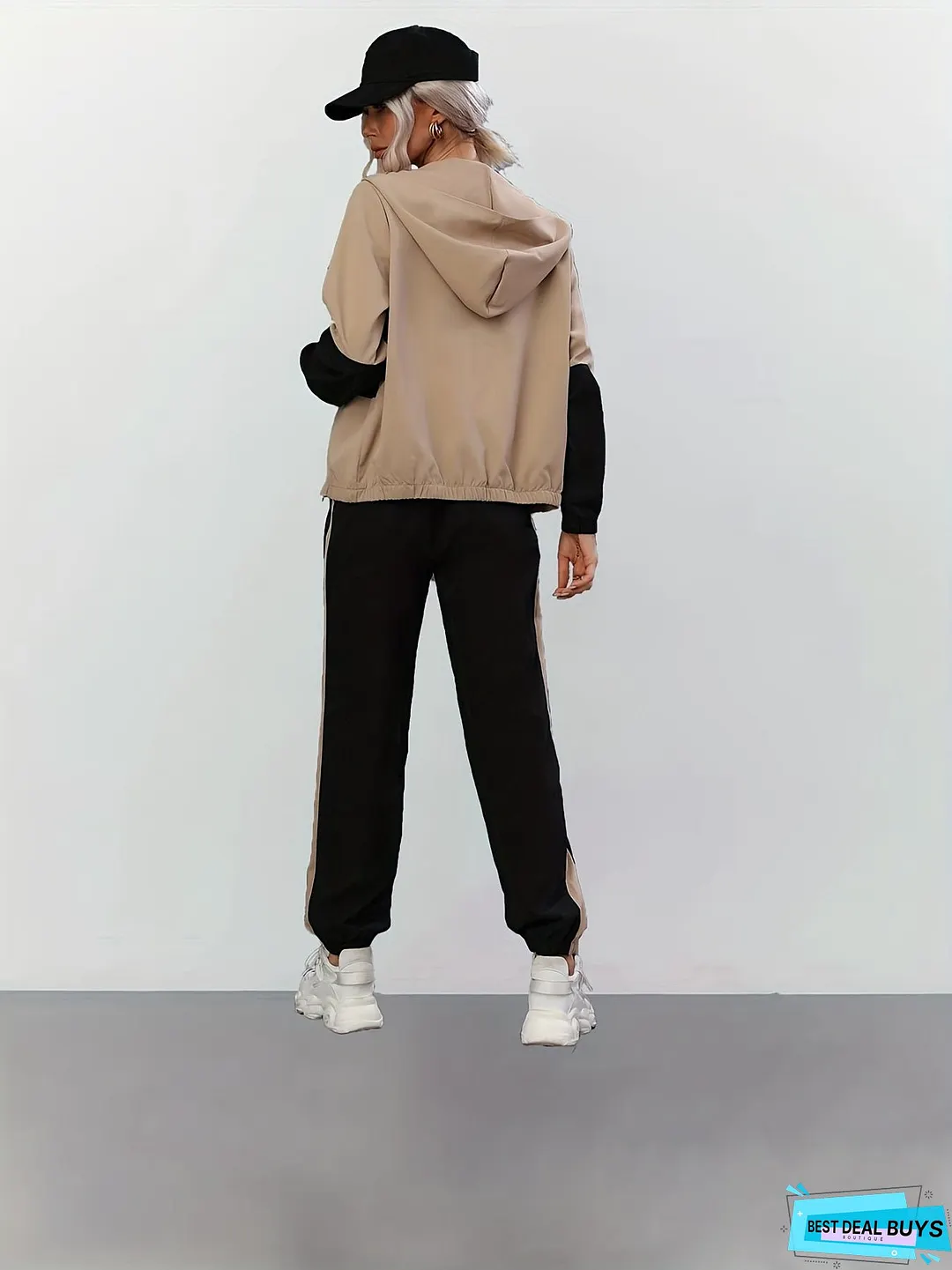 Color Block Casual Two-piece Set, Zip Up Long Sleeve Hooded Tops & Jogger Pants Outfits, Women's Clothing
