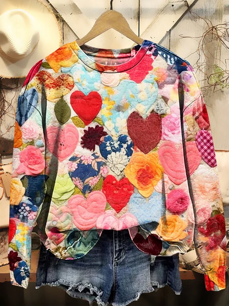 Women's Heart Flower Collage Pattern Print Casual Crew Neck Sweatshirt