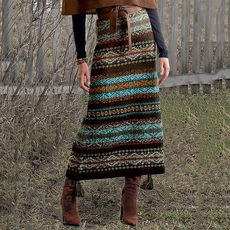 Vintage Ethnic Style Color Printed Knitted Skirt