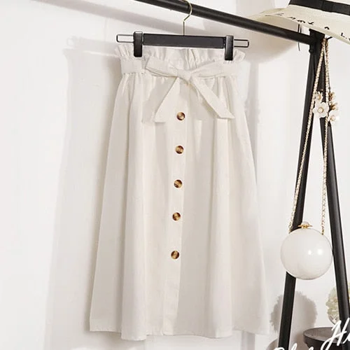 Summer Autumn Skirts Womens 2021 Midi Knee Length Korean Elegant Button High Waist Skirt Female Pleated School Skirt