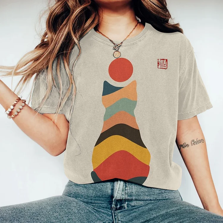 Women's Geometry Cute Cat Painting Art T-Shirt