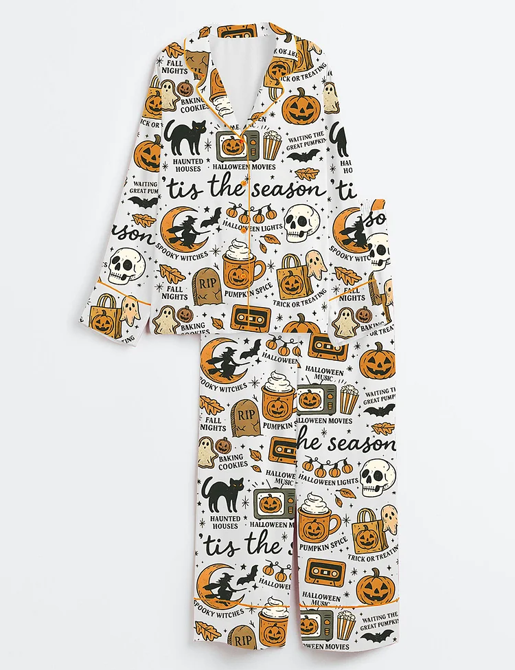 Women&rsquo;s Retro Halloween Ghost Boho Autumn Spooky Season Long Sleeve Satin Pajama Set