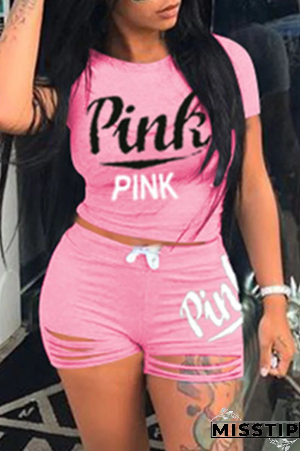 Pink Fashion Casual Letter Print Ripped O Neck Short Sleeve Two Pieces