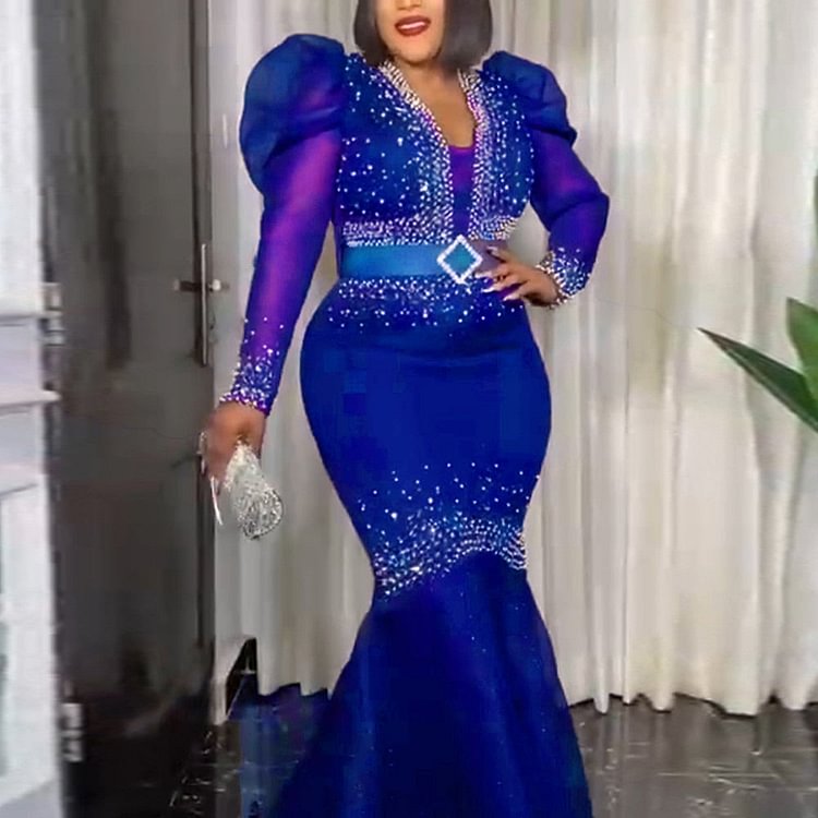 African Americans fashion QFY Ladies African Turkey Wear Dashiki Mermaid Dresses For Women Plus Size Puff Sleeve Dress Wedding Party Robe Ankara Outfits Ankara Style QueenFunky