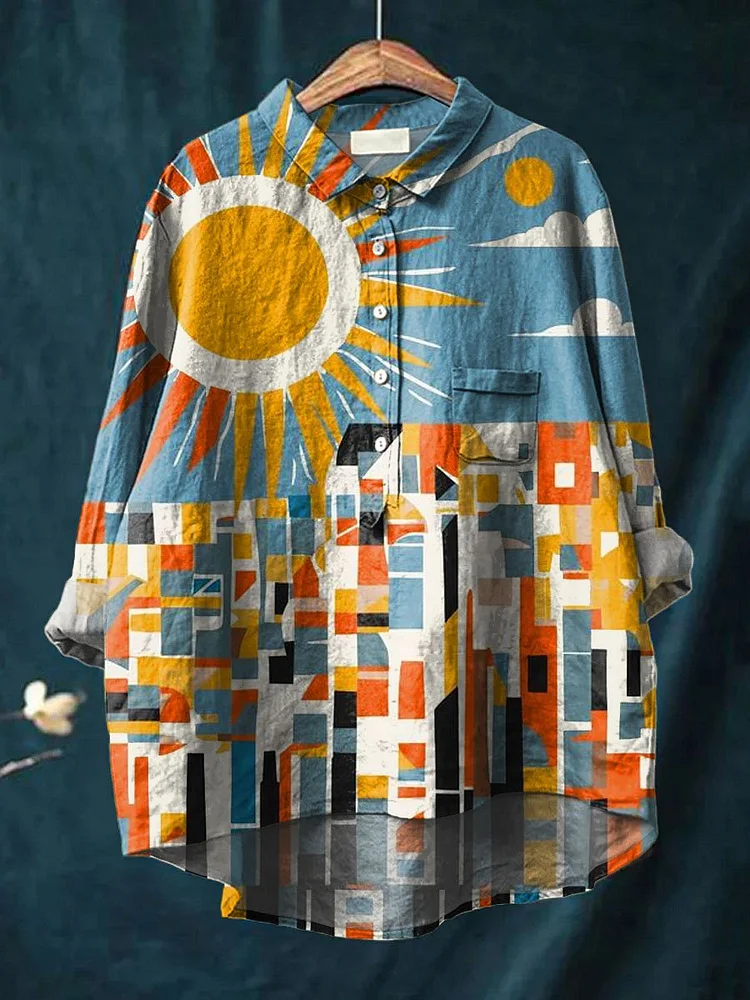 Vintage Geometric Sun Pattern Art Print Casual Cotton And Linen Shirt