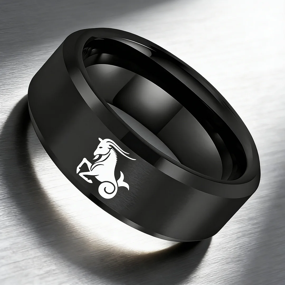 Mens Womens Black Capricorn Tungsten Carbide Bands Black Edges and Laser Etched Wedding Rings Comfort Fit 4MM 6MM 8MM Width