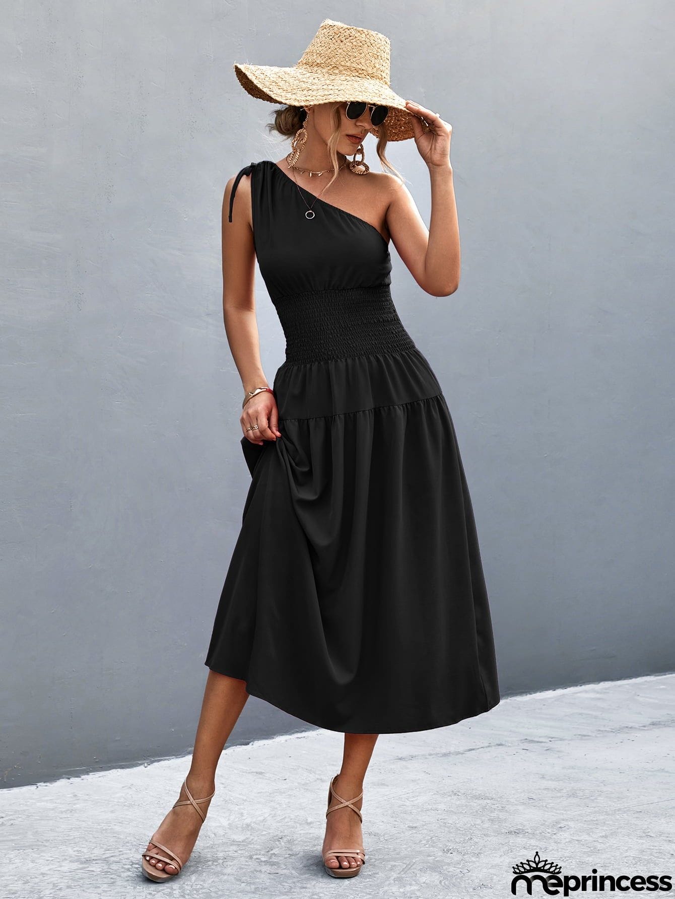 Asymmetrical One Shoulder Smocked Waist Midi Dress