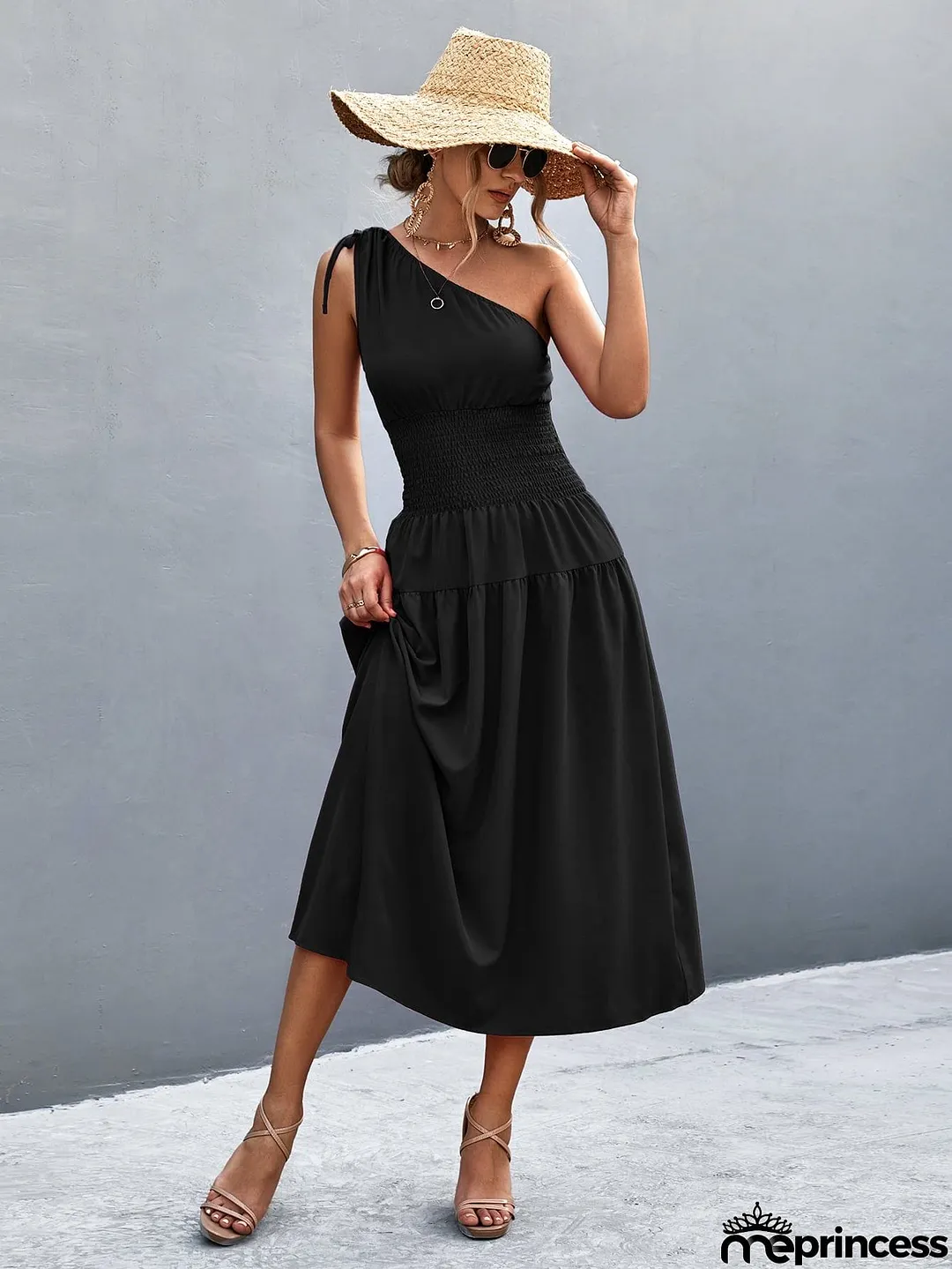 Asymmetrical One Shoulder Smocked Waist Midi Dress