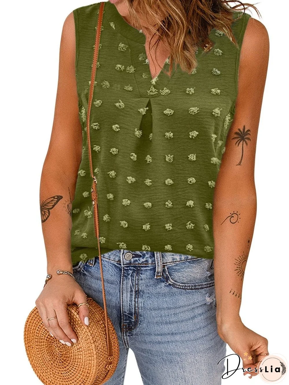 Pom V Neck Solid Color Sleeveless Mini Dress