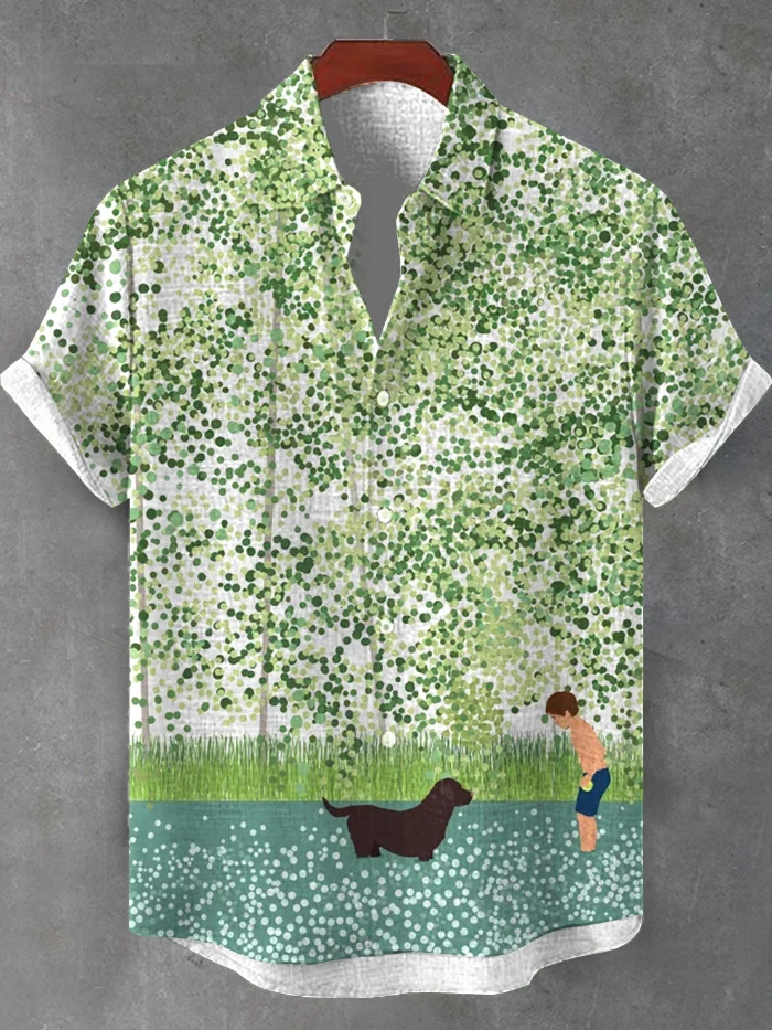Men's Boy Plays with Dog Funny Stipple Art Print Casual Shirt