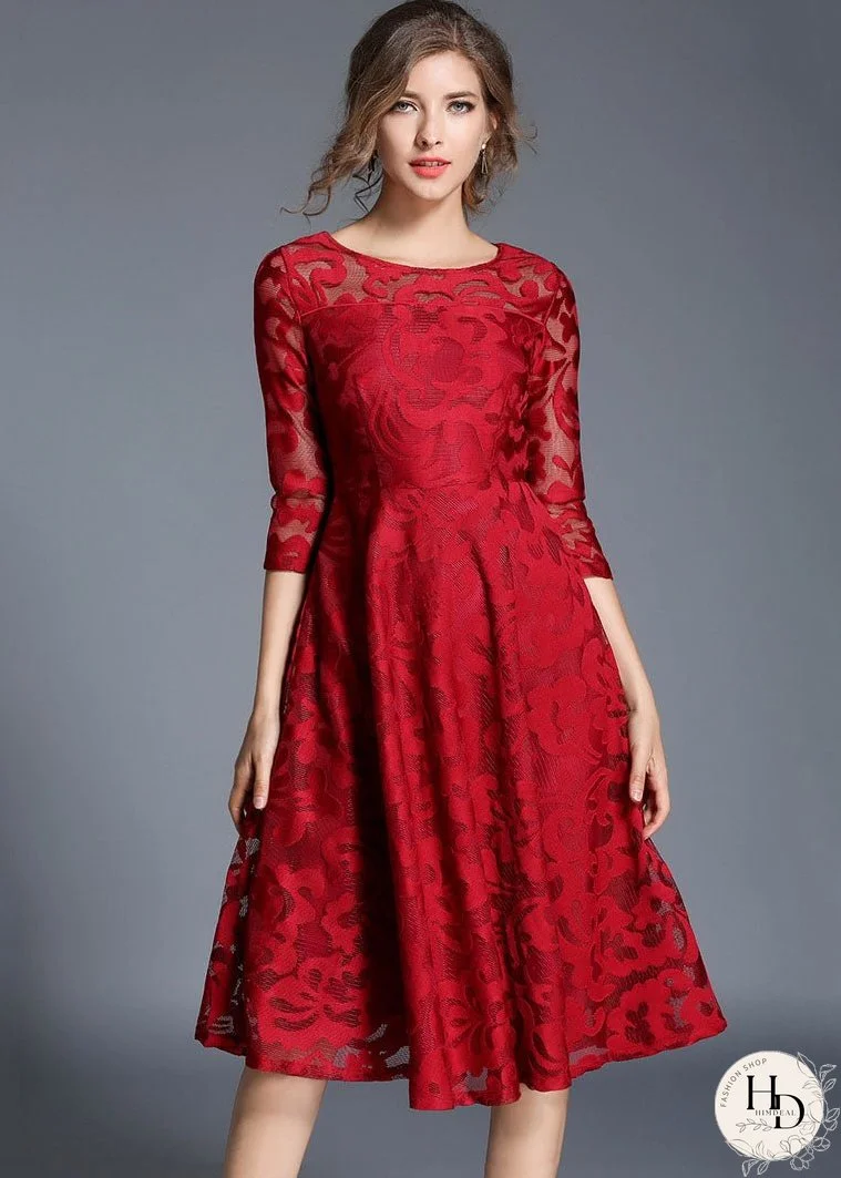 Red Patchwork Loose Lace Dresses O Neck Bracelet Sleeve