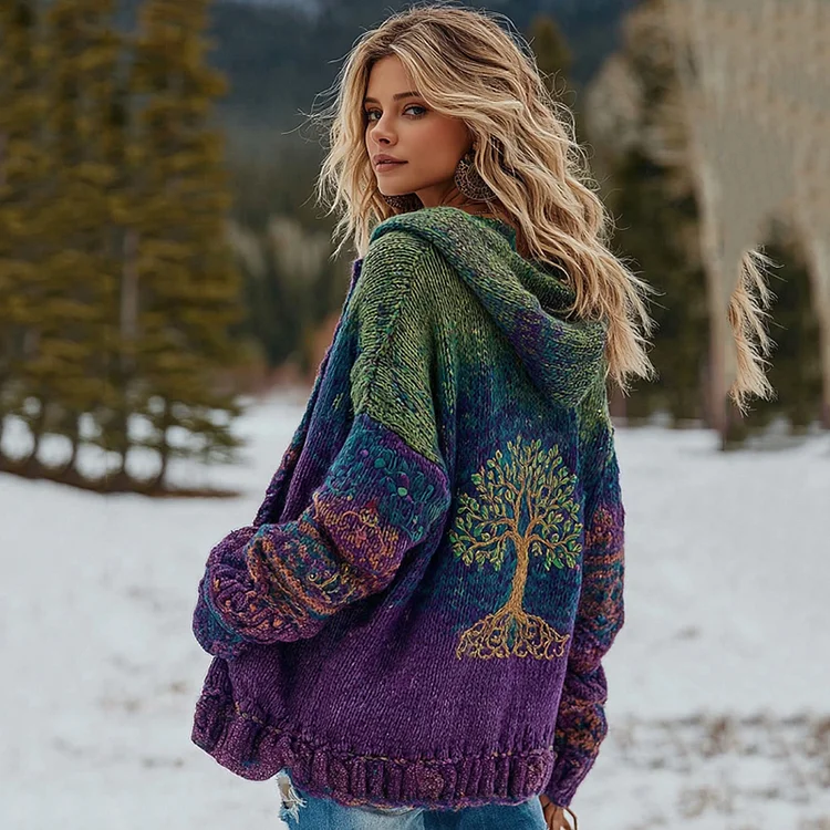 Women's Vintage Viking Tree Of Life And Floral Pattern Knit Zip-up Sweater