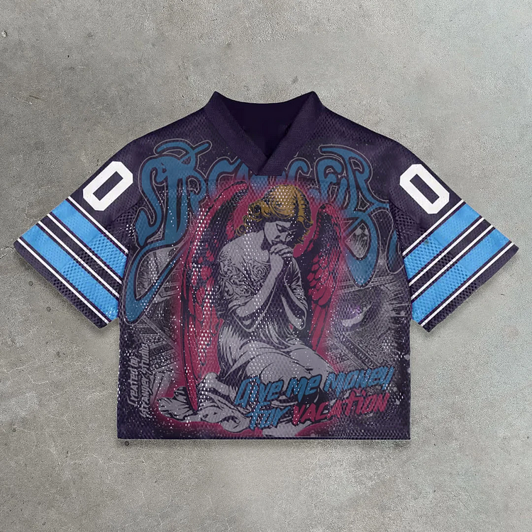 Vintage Praying Angel Graphics Blokecore Blokette Cotton Football V-neck Jersey T-shirt