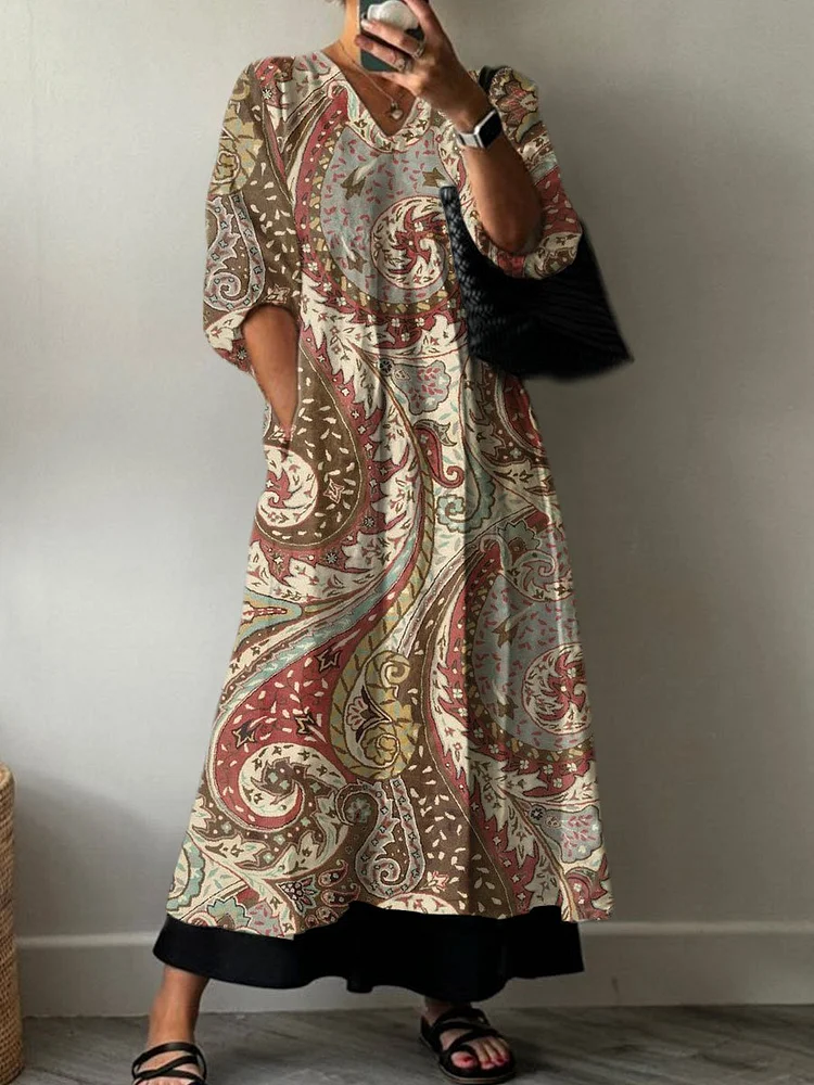 Women's  Retro Floral Print Pocket V-neck Cotton Dress