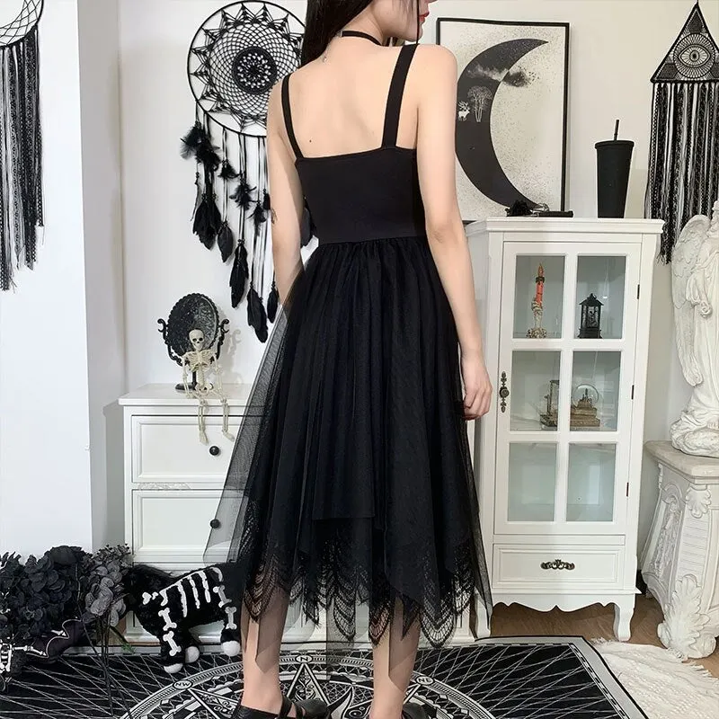 InsGoth Goth Dress Vintage Aesthetic Mesh Black Corset Dress Punk Sexy Hollow Out Backless High Waist Midi Dresses Summer 2021