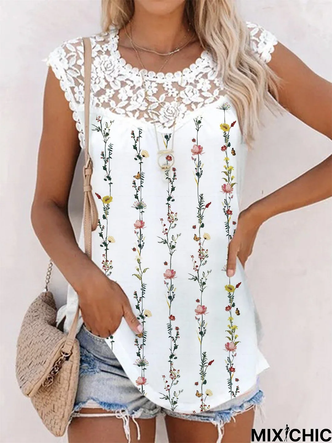 Floral Lace Crew Neck Casual