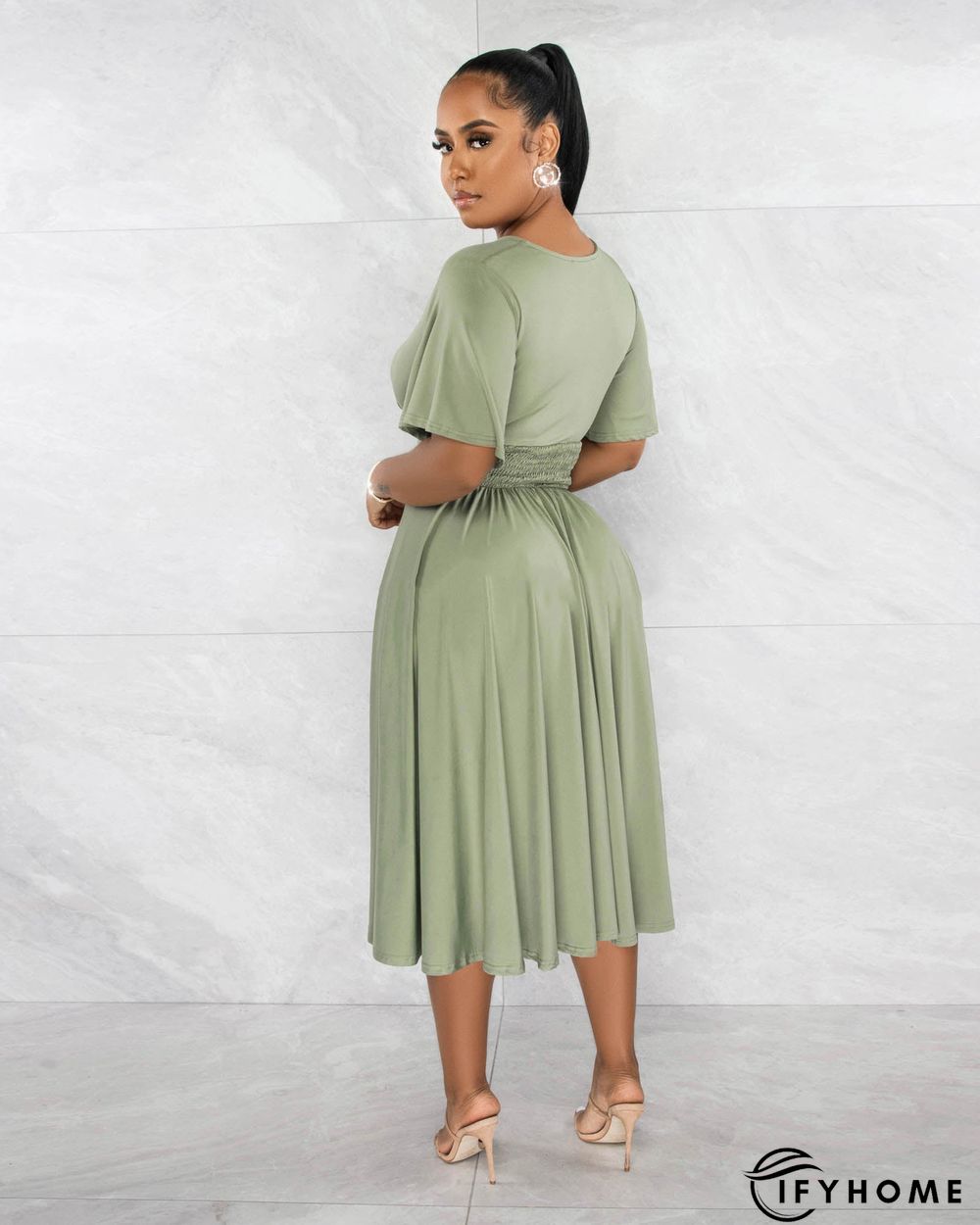 Fashion Solid Color V-neck Short-sleeved Waist Pleated Dress | IFYHOME