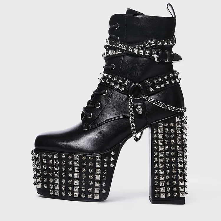 Black Platform Booties Square Toe Chunky Heel Chain Rivet Ankle Boots |FSJ Shoes