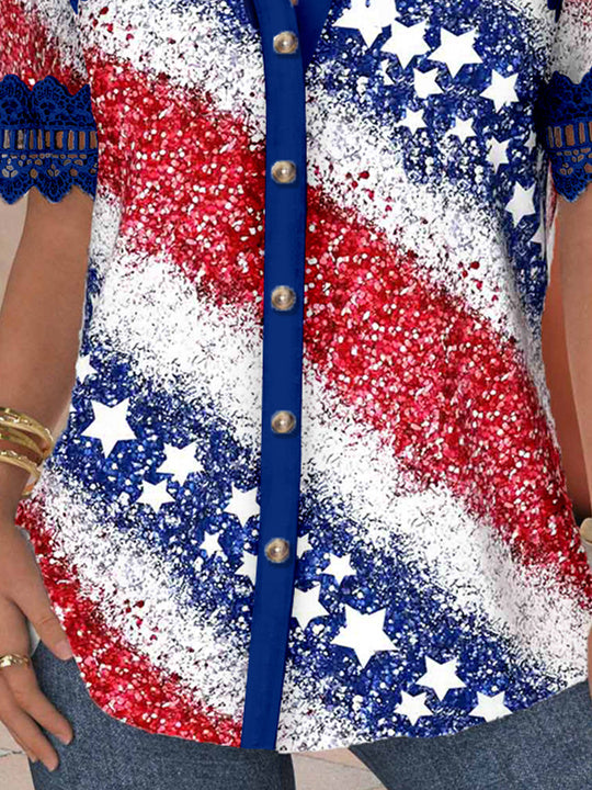 Women Short Sleeve V-neck Striped Printed Graphic Lace Hollow Stitching Button Tops