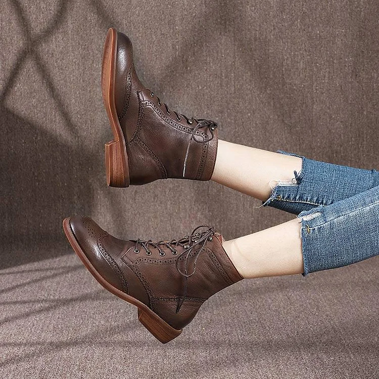 Handmade Leather  Boots Block Carving Brogue Ankle Boot For Women shopify Stunahome.com