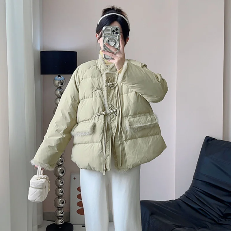 Toloer Mink Hair Short Style Down Jacket Female 2024 Winter Fashion Standing Collar Splicing Chinese Style Small Chinese Style White Duck Down Coat-Outfit Ideas