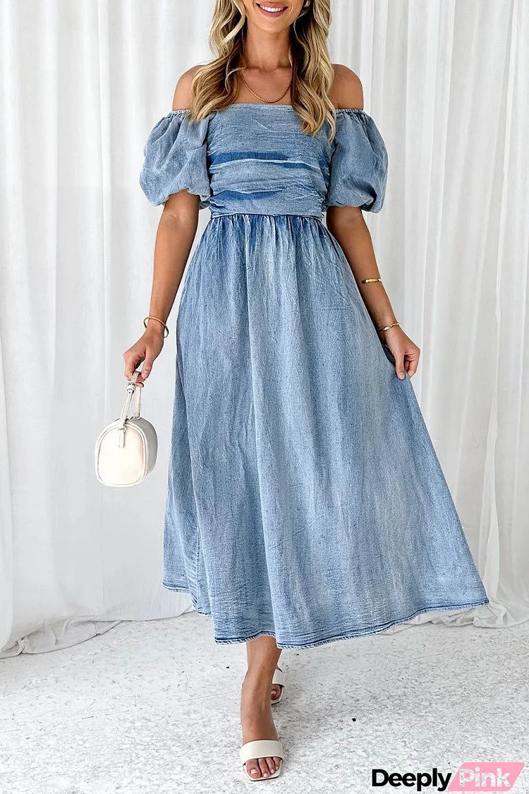 Elegant Solid Fold Off the Shoulder Short Sleeve Denim Dresses