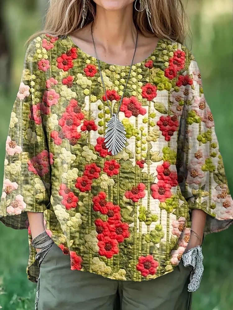 Women's Spring Flowers Art Pattern Casual Cotton And Linen Shirt