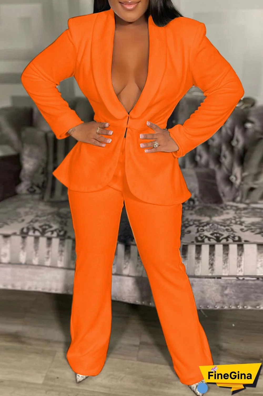 Orange Casual Solid Patchwork Cardigan Pants Turn-back Collar Long Sleeve Two Pieces