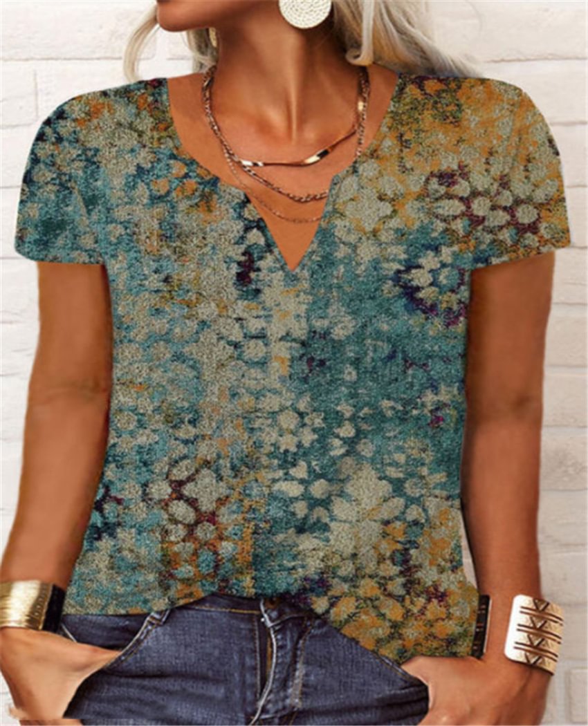 Temu summer V-neck casual loose retro print short-sleeved T-shirt women